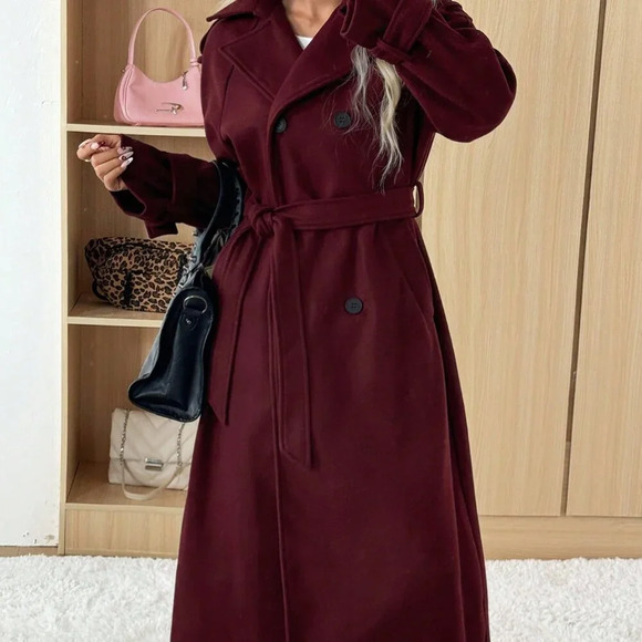 Burgundy Casual Women's Ancora Red Stand Collar Double Breasted Wool Blend Coat - Picture 7 of 7